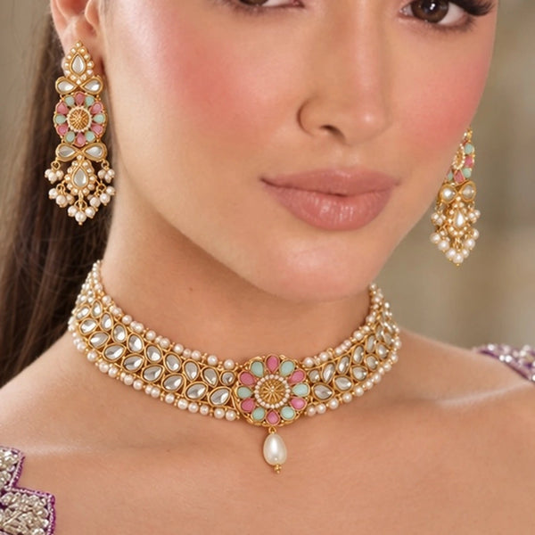 Gulnaar Kundan Choker Set with Pastel Meena & Pearl Earrings - Jewel Galore