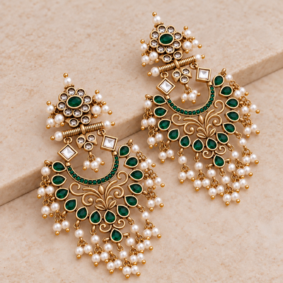 Green Pearl Cluster Chandbali Earrings