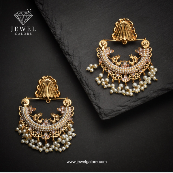 Traditional Peacock Motif Earrings with Pearl Drops