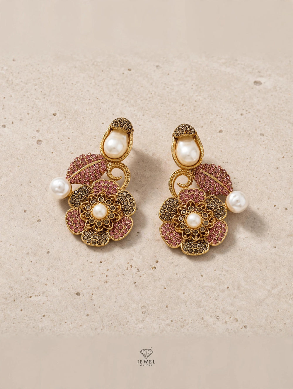 Turkish Style Antique Gold Floral Earrings with Pearl Drops