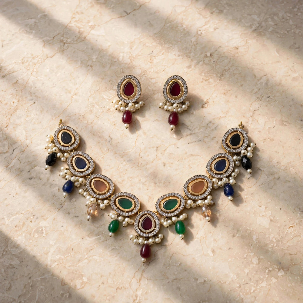 Multi-Stone Kundan Necklace Set with Earrings | Jewel Galore