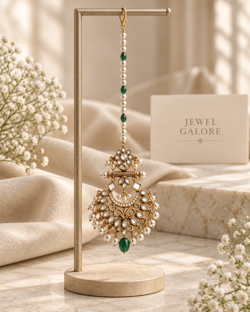 Kundan Pearl Maang Tikka – Antique Gold Green Bead Chain