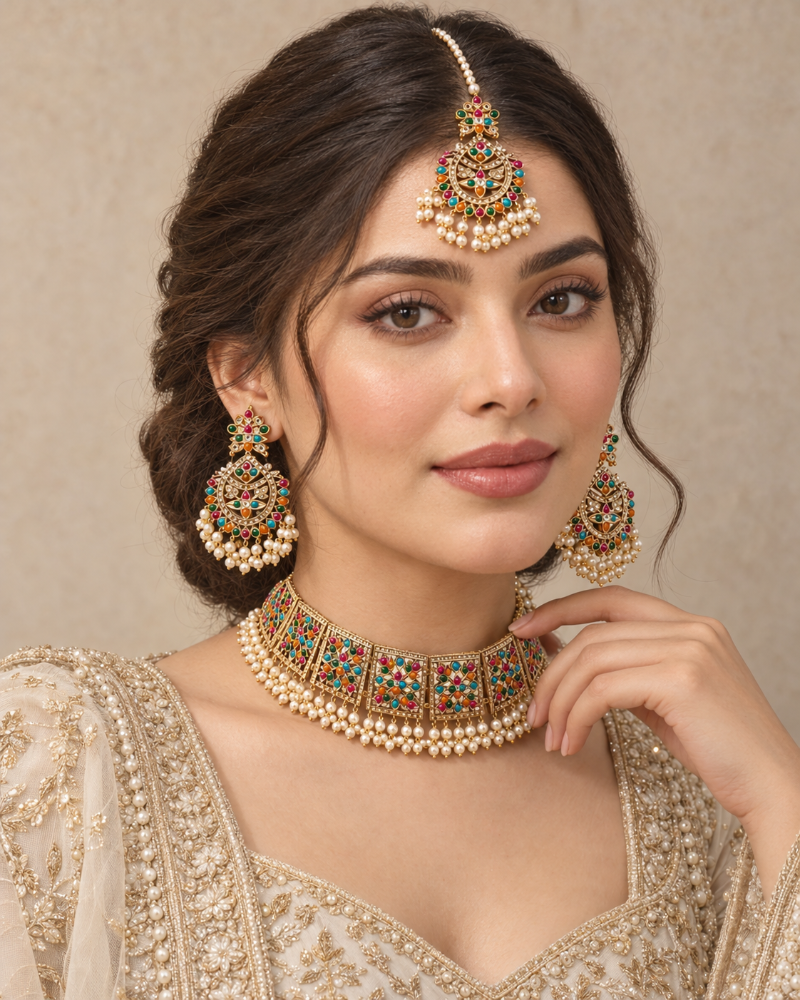 A woman wearing an ornate gold-toned traditional jewelry set with multicolored stones and pearl-like beads, including a maang tikka, earrings, and a choker necklace, paired with a beige embroidered traditional top against a neutral beige background.