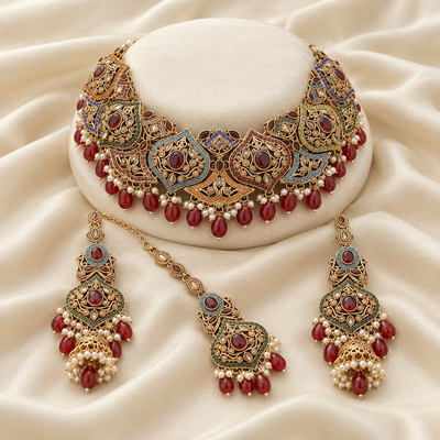 Antique Choker Set with Jhumka Earrings & Tikka