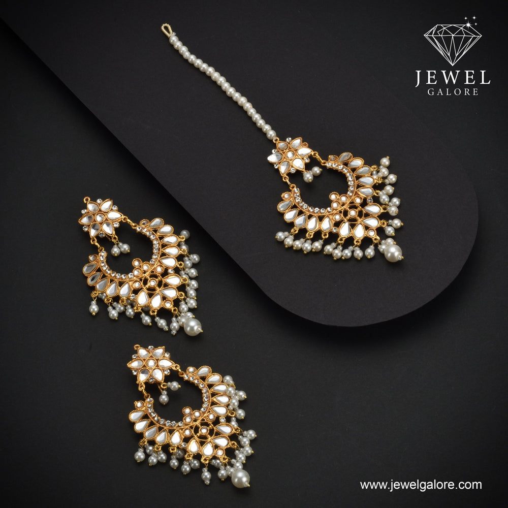 Antique Gold Chandbali Earrings & Maang Tikka Set | Kundan Bridal Jewellery Pakistan | Jewel Galore - EARRING - Jewel Galore