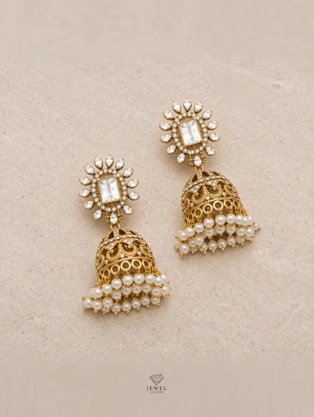 Antique Gold Kundan Jhumka Earrings with Pearl Fringe – Bridal Statement Earrings - Jewel Galore