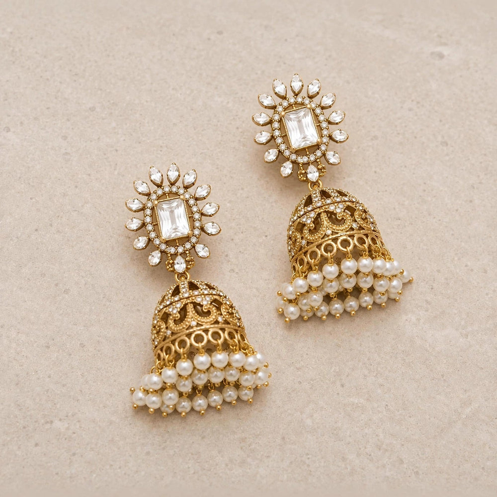 Antique Gold Kundan Jhumka Earrings with Pearl Fringe – Bridal Statement Earrings - Jewel Galore