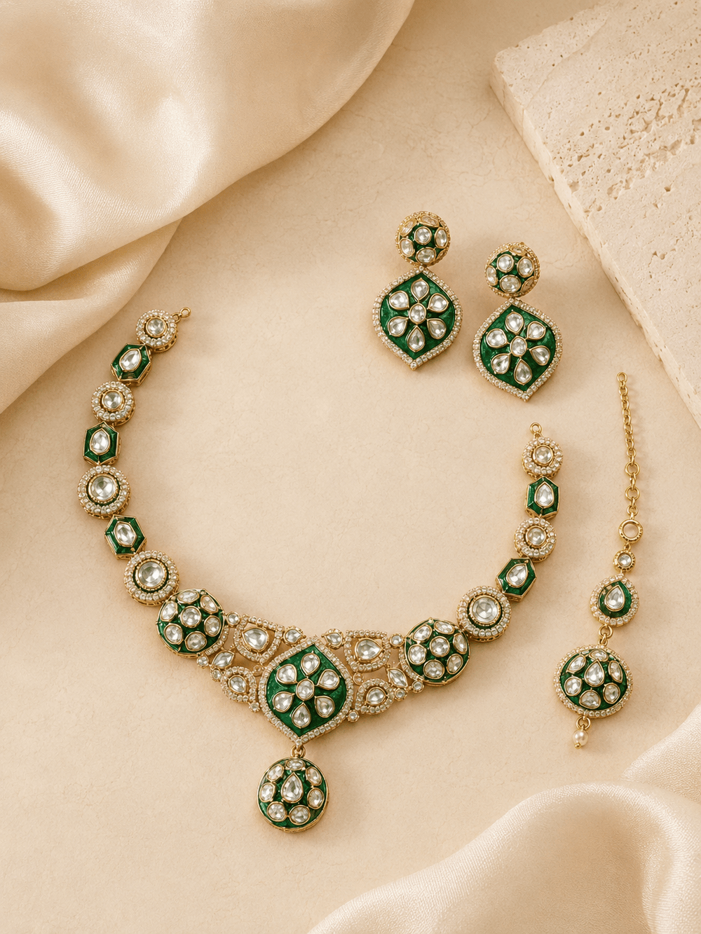 Kundan Bridal Necklace Set with Earrings & Maang Tikka - Bridal Set - Jewel Galore