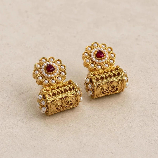 Kundan Cylinder Jhumka Earrings | Antique Gold Plated Filigree | Pakistani Bridal Earrings - Jewel Galore