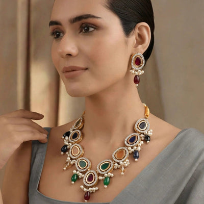 Multi-Stone Kundan Necklace Set with Earrings | Jewel Galore - Jewel Galore
