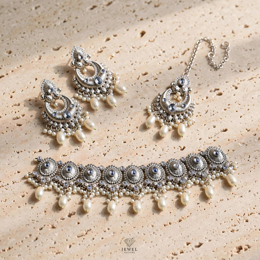 Oxidized Silver Kundan Choker Set with Pearls – Earrings & Tikka | Bridal Jewellery Set - Jewel Galore