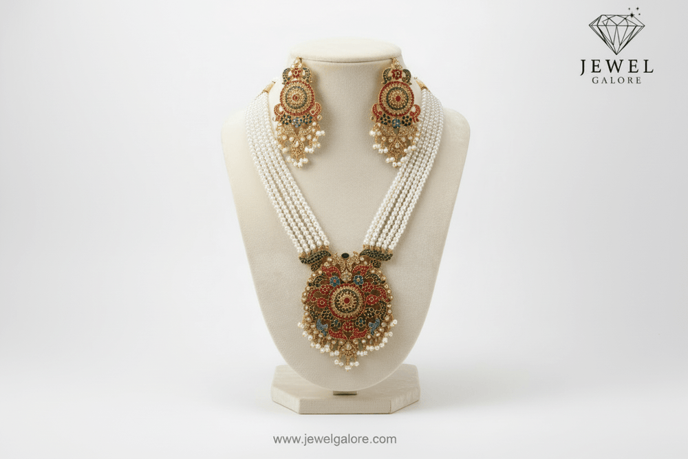 Royal Kundan & Pearl Rani Haar Set with Green Accents – Gold Plated - Locket set - Jewel Galore