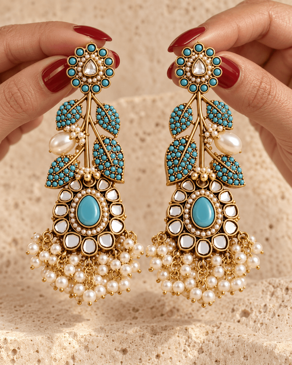 Turquoise Kundan Pearl Leaf Statement Earrings - Jewel Galore