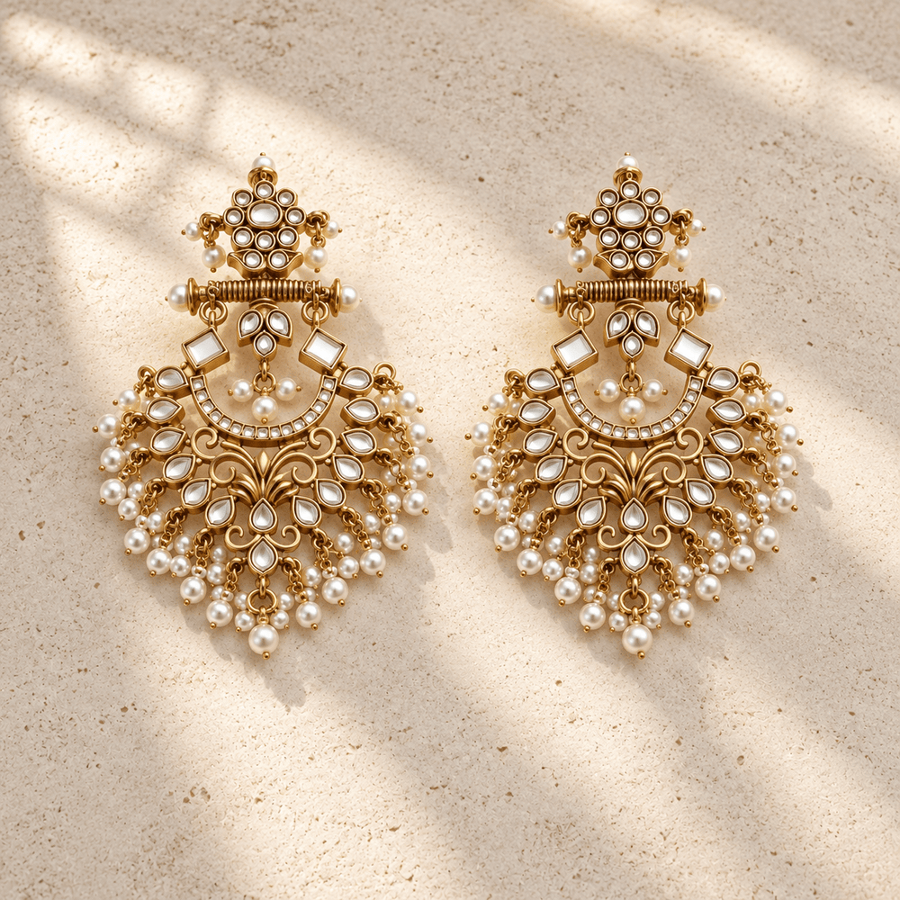 White Pearl Kundan Chandbali Earrings – Antique Gold Floral Drop - Earrings - Jewel Galore