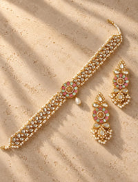 Gulnaar Kundan Choker Set with Pastel Meena & Pearl Earrings