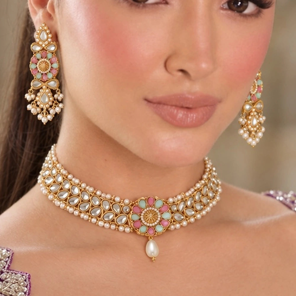 Gulnaar Kundan Choker Set with Pastel Meena & Pearl Earrings