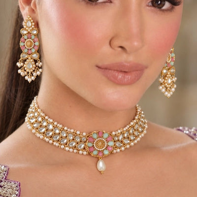 Gulnaar Kundan Choker Set with Pastel Meena & Pearl Earrings