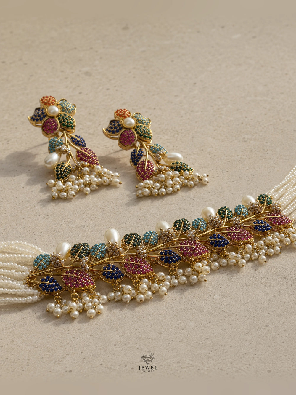 Nauratan Multicolor Stone Necklace Set with Jhumka Earrings – Antique Gold Finish