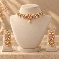 Gulnaar Kundan Choker Set with Pastel Meena & Pearl Earrings