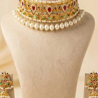 Royal Nauratan Gold Plated Choker Set with Pearls – Multicolor Wedding Jewellery