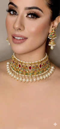 Royal Nauratan Gold Plated Choker Set with Pearls – Multicolor Wedding Jewellery