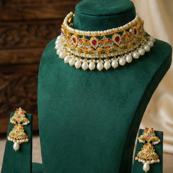 Royal Nauratan Gold Plated Choker Set with Pearls – Multicolor Wedding Jewellery