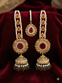 Nauratan Sahara Jhumka Earrings & Maang Tikka Set | Multicolor Bridal Jewellery Pakistan | Jewel Galore