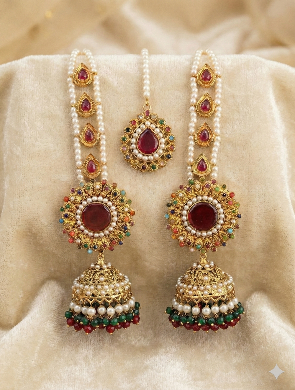 Nauratan Sahara Jhumka Earrings & Maang Tikka Set | Multicolor Bridal Jewellery Pakistan | Jewel Galore