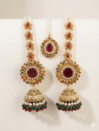 Nauratan Sahara Jhumka Earrings & Maang Tikka Set | Multicolor Bridal Jewellery Pakistan | Jewel Galore