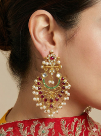Traditional Antique Gold Chandbali Earrings with Pearl Cluster – Multicolor