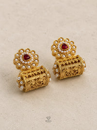 Kundan Cylinder Jhumka Earrings | Antique Gold Plated Filigree | Pakistani Bridal Earrings