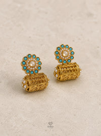 Kundan Cylinder Jhumka Earrings | Antique Gold Plated Filigree | Pakistani Bridal Earrings