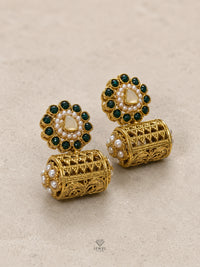 Kundan Cylinder Jhumka Earrings | Antique Gold Plated Filigree | Pakistani Bridal Earrings