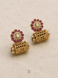 Kundan Cylinder Jhumka Earrings | Antique Gold Plated Filigree | Pakistani Bridal Earrings