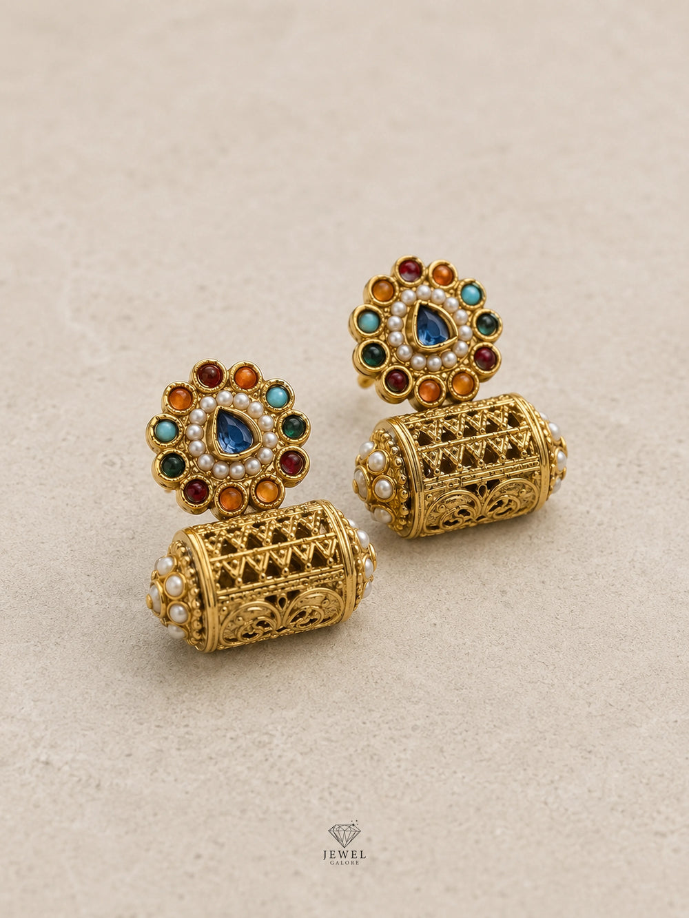 Kundan Cylinder Jhumka Earrings | Antique Gold Plated Filigree | Pakistani Bridal Earrings