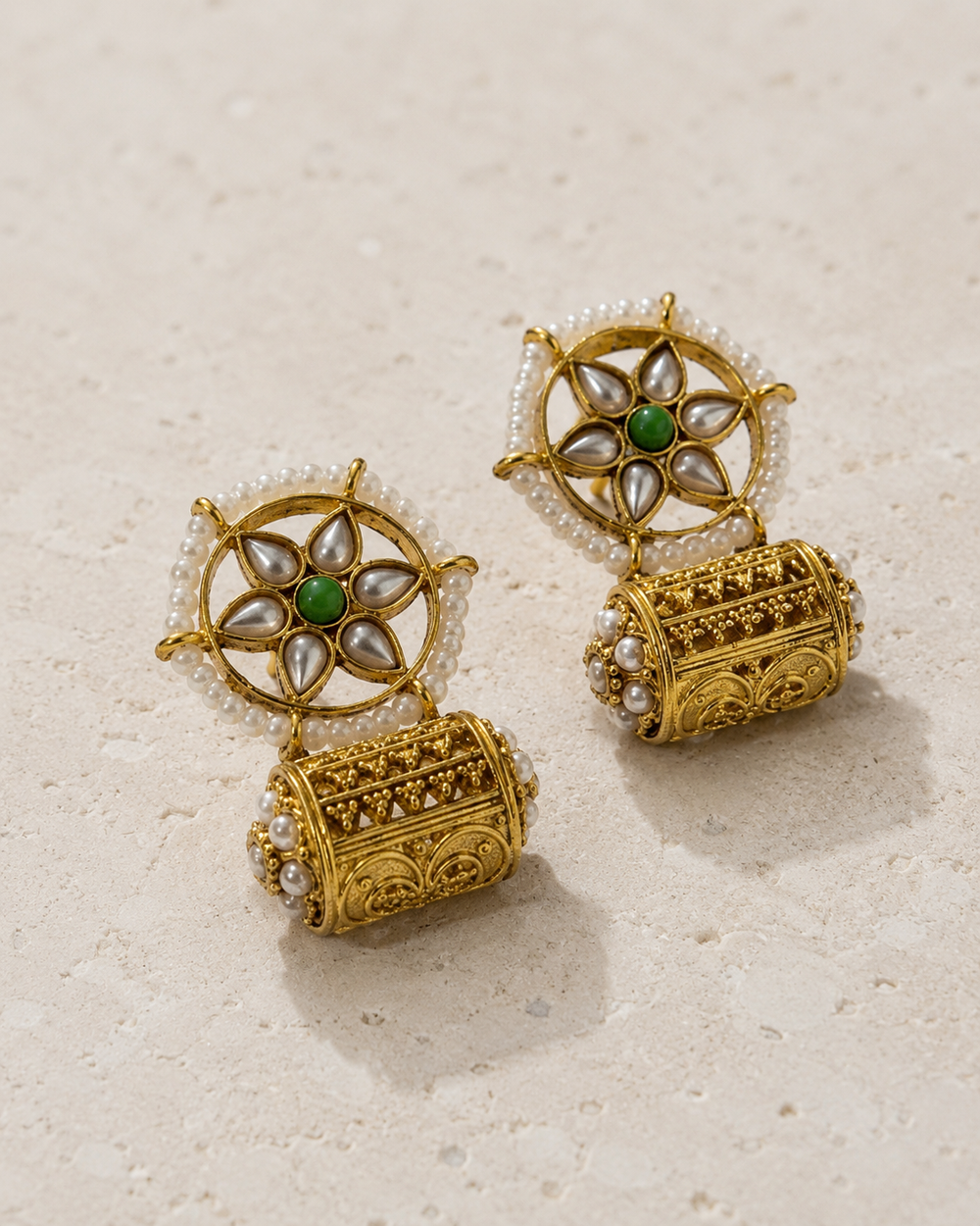 Kundan Pearl Wheel Cylinder Jhumka Earrings | Antique Gold Plated | Pakistani Bridal Earrings