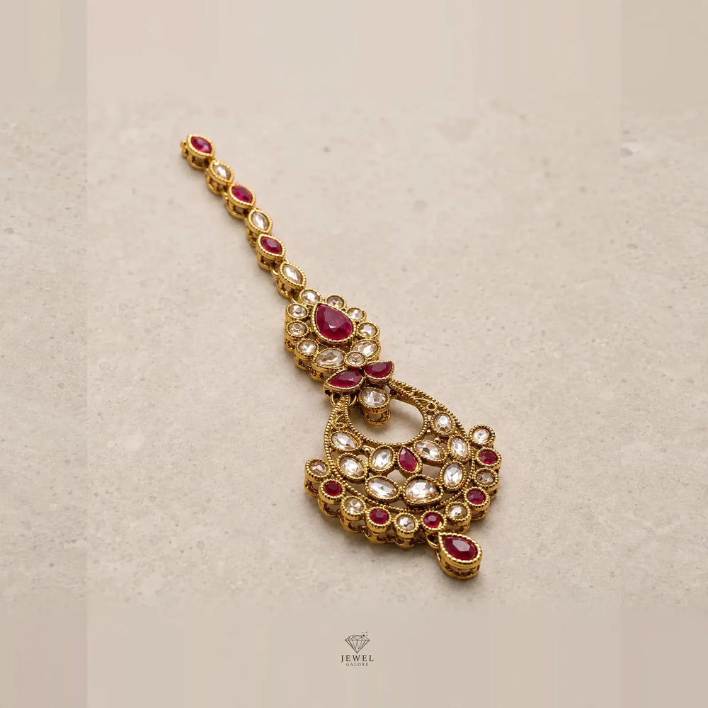 Kundan Maang Tikka - Ruby Red & Baby Pink | Gold Plated Bridal Tikka - Jewel Galore