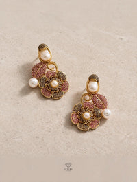 Turkish Style Antique Gold Floral Earrings with Pearl Drops
