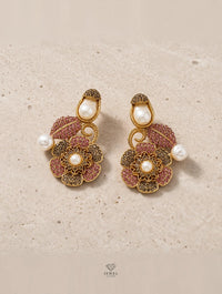 Turkish Style Antique Gold Floral Earrings with Pearl Drops