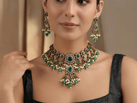 Emerald Kundan Choker Necklace Set with Jhumka Earrings – Antique Gold Bridal Jewellery