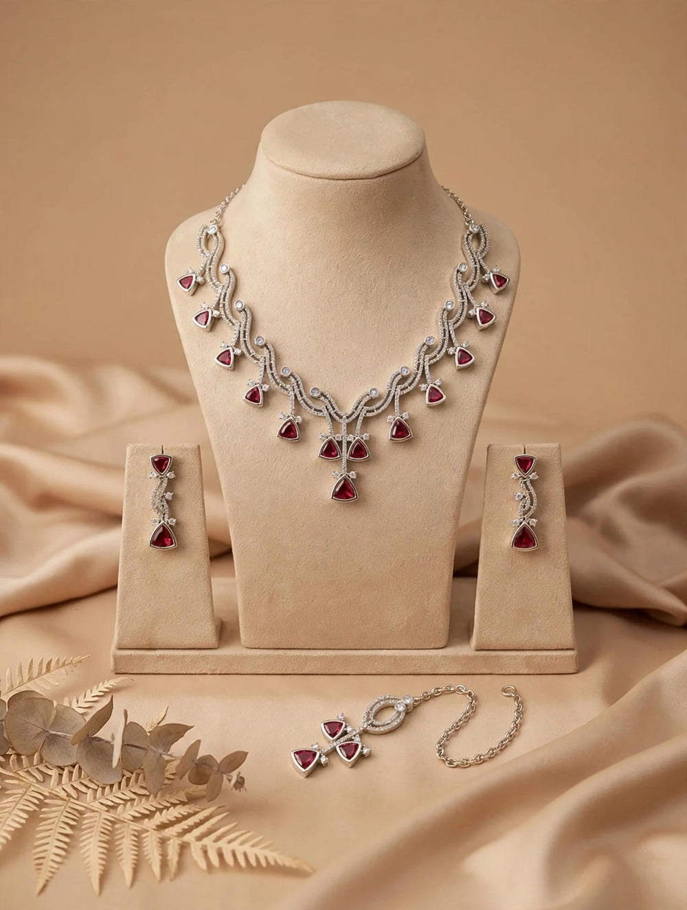 Silver-toned jewelry set displayed on beige mannequin stands, including a necklace, matching earrings, and a bracelet, each featuring red heart-shaped stones, set against a draped beige fabric background.
