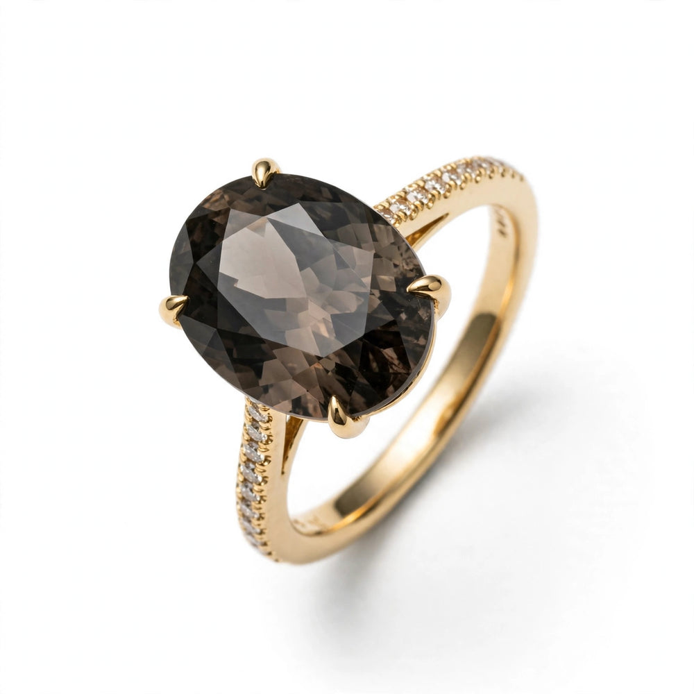 Oval Smoky Stone Gold Ring with Pave Band | Jewel Galore