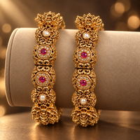 Royal Ruby Pearl Antique Gold Kangan Pair