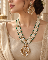 Pearl Kundan Bridal Necklace Set with Earrings & Tikka – Green Beads