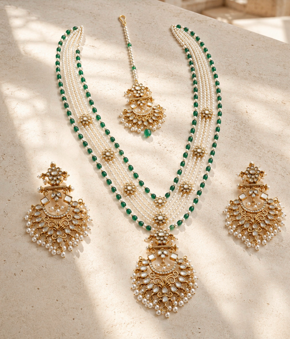 Pearl Kundan Bridal Necklace Set with Earrings & Tikka – Green Beads