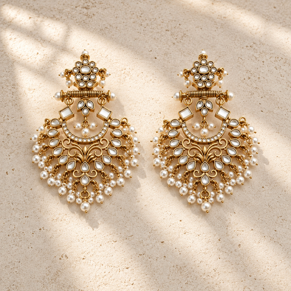 White Pearl Kundan Chandbali Earrings – Antique Gold Floral Drop