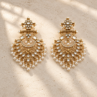 White Pearl Kundan Chandbali Earrings – Antique Gold Floral Drop
