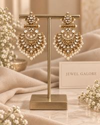 White Pearl Kundan Chandbali Earrings – Antique Gold Floral Drop
