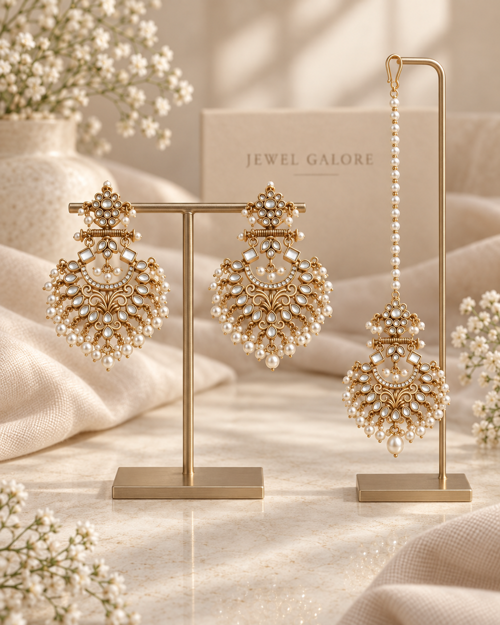 Kundan Pearl Earrings & Maang Tikka Set – Antique Gold Floral