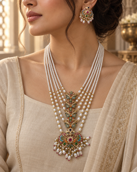 Navratna Pearl Necklace Set with Earrings – Multicolor Rajwadi